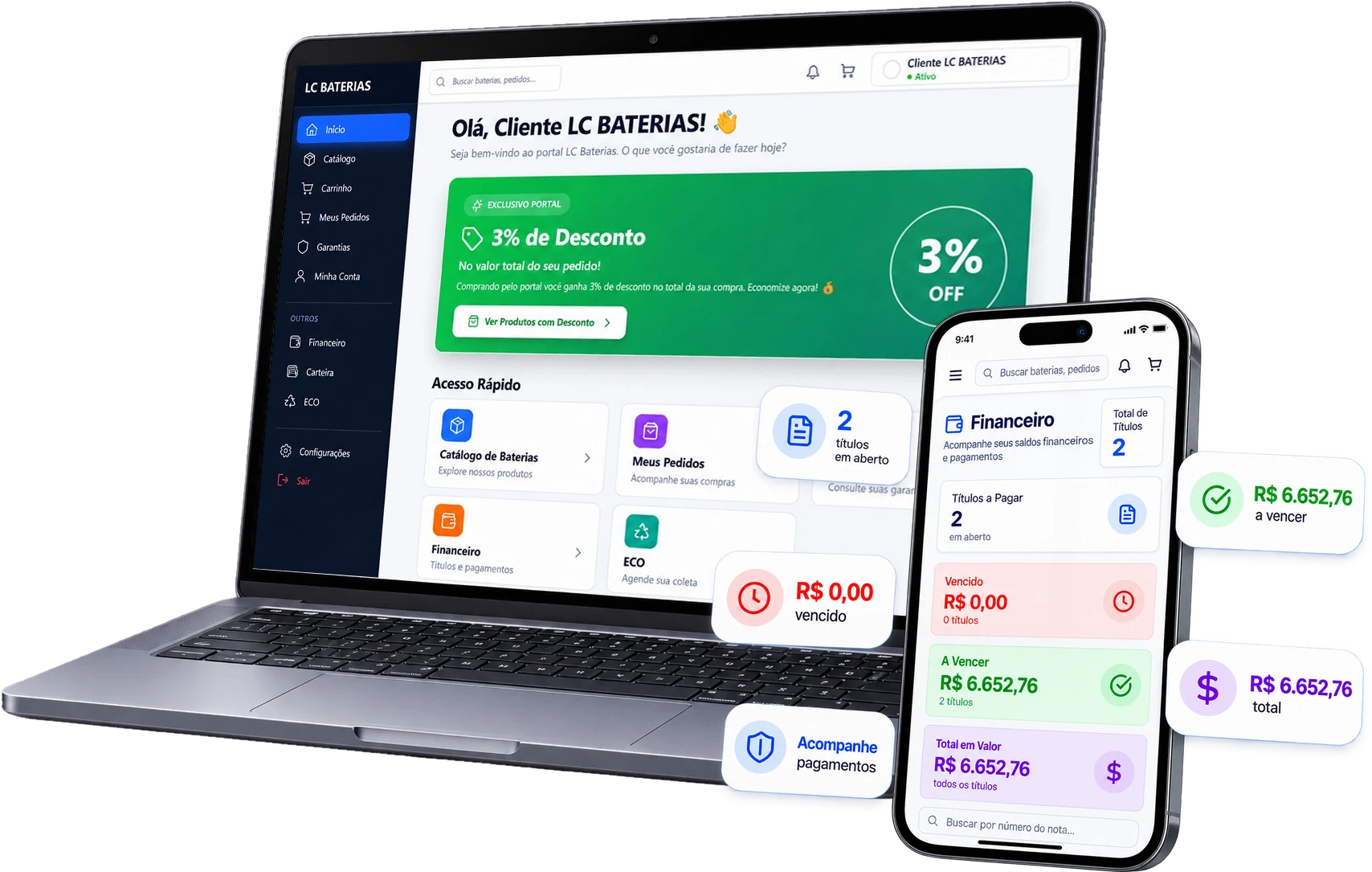Portal LC Baterias aberto em um notebook e em um celular